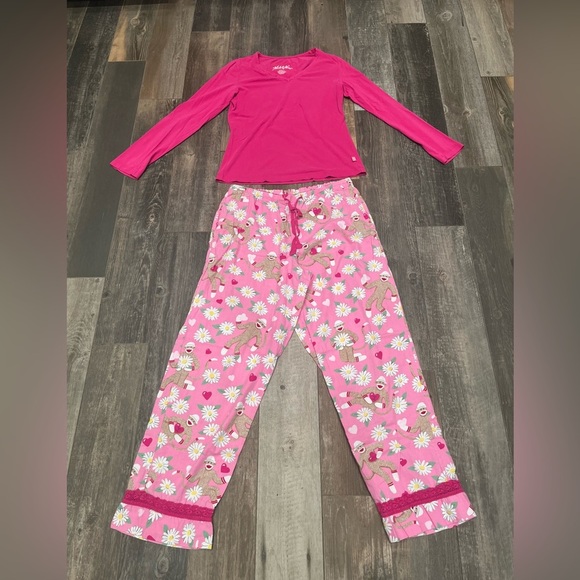 Nick & Nora Sock Monkey Daisy Heart Flannel Pajama Lounge Set Medium Pink - Picture 1 of 9